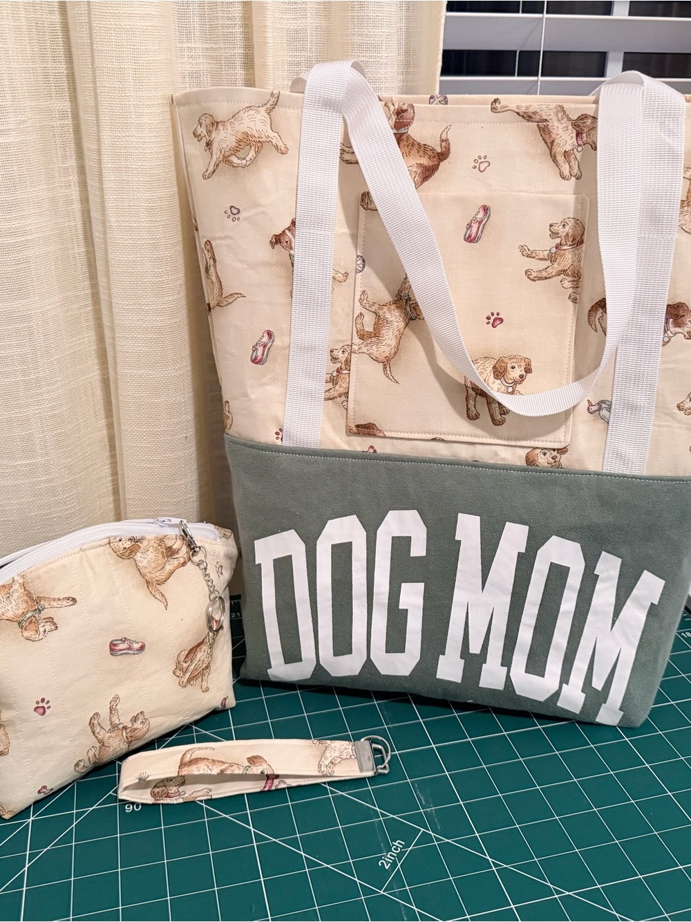 Hand Crafted Dog Mom Tote Set - Sage Green and Cream